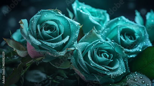 Mint green roses with water droplets