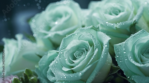 Mint green roses with water droplets