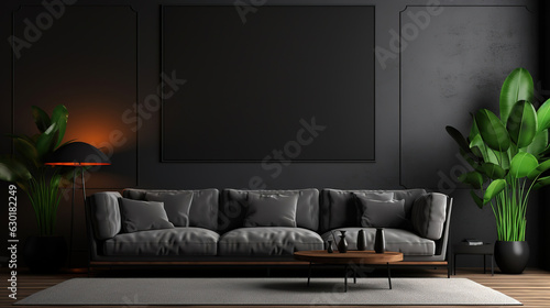 Modern luxury living room interior background, living room interior mockup, interior with black walls, dark interior of living room with black wall, sofa, and empty frame