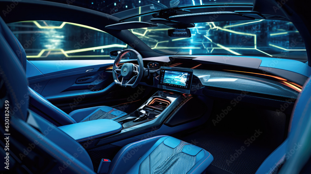 A car interior with blue colour interior,  HD, Generative Ai - obrazy, fototapety, plakaty 