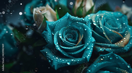 Light blue teal roses with water droplets
