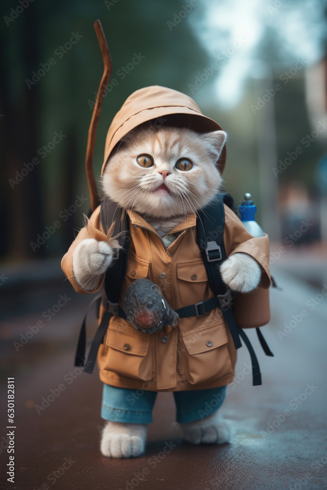 Funny smiling cat with a backpack going to school