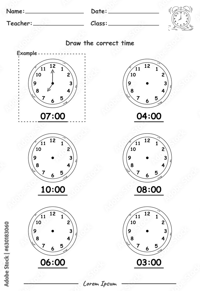 Naklejka premium Fun Kids Learning Exercises. Draw The Time. Education Telling Time Worksheet Game for Children part three.