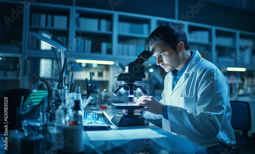a scientist or researcher using a microscope in a laboratory setting