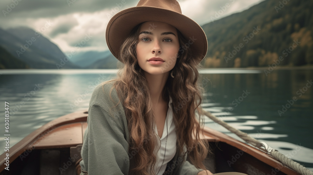 Bright face woman Sitting on a local boat on the river, morning atmosphere. Generative AI.