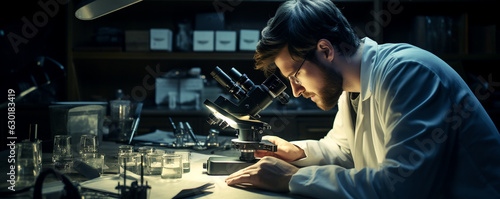 A scientist using microscope in laboratory. Generative AI. © toodlingstudio