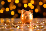 Piggy bank with gold coins with bokeh background. save success business financial concept