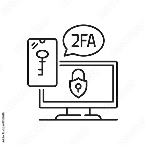 2FA password authentication icon, 2 factor verification login access, vector key and computer. 2FA or two factor authentication for privacy via mobile phone, multi step verification of security access