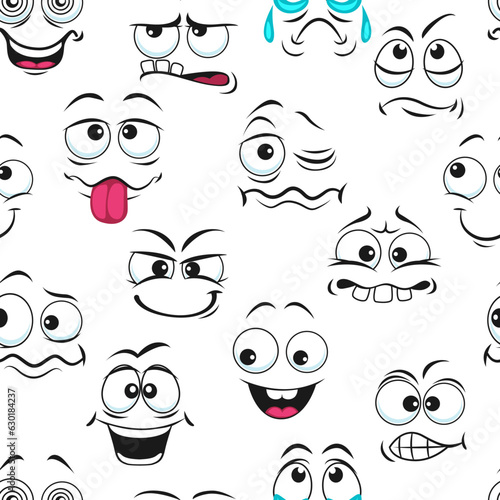 Cartoon funny, sad, crying and happy faces seamless pattern, vector emoji background. Emoticons expression or kawaii smile pattern in doodle, funny face emoji eyes and mouth with comic cute smiles