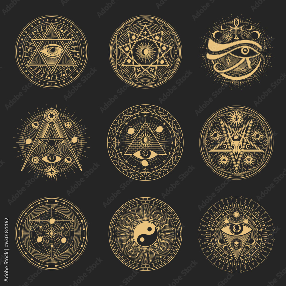 Mason signs, occult and esoteric pentagram symbols, vector magic tarot ...