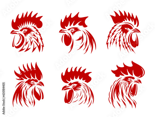 Red rooster, cockerel or cock head vector silhouettes of farm animals for butcher shop, poultry meat farm or sport team symbols. Fighting rooster or cock head side view with red feathers, beaks, combs