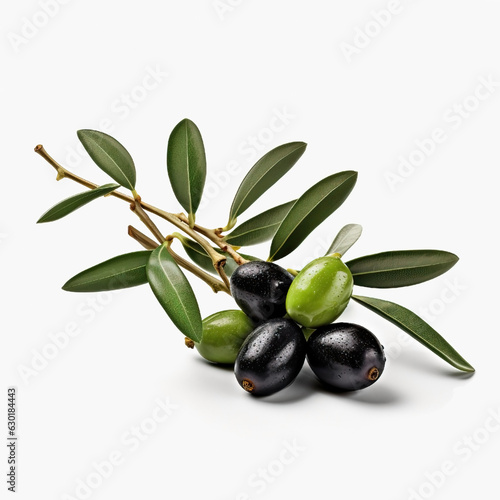 Fresh black and green olives with leaves on white background