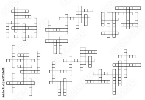 Crossword game grid, vector cross word puzzle worksheet templates with empty boxes. Intellectual word guess quiz layout with blank square cells. Rebus, brainteaser, riddle for recreational leisure