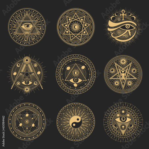Mason signs, occult and esoteric pentagram symbols, vector magic tarot with Ankh and Horus eye. Occult pentagrams with Yin Yang, Baphomet devil skull and freemason illuminati heptagram stars