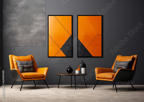 Interior decoration living room style of minimalist geometric, light black and dark orange. Generative AI.
