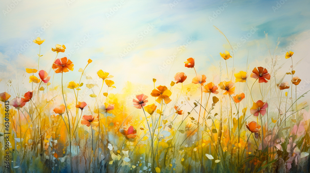 Watercolor flowers in a grassy sky, bright watercolor painting in the style of light blue and refreshing grass. Generative AI.