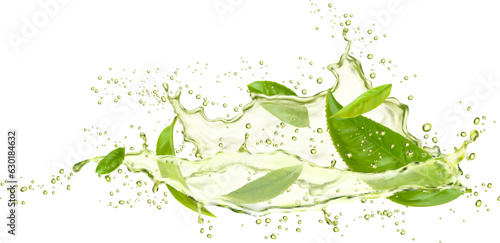 Fototapeta Green tea leaves and drink splash with drops