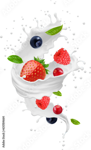 Milk swirl or tornado wave splash with berries  fruit yogurt or milk cream drink  realistic vector. Strawberry  raspberry  blueberry and cranberry berries in milk swirl tornado in splash background