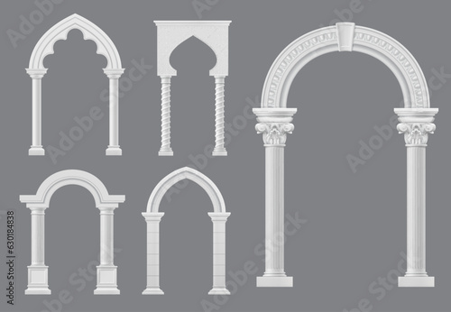 Fotografering Castle and palace white marble arch, medieval archway or antique greek roman and arabian columns, vector architecture
