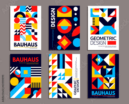 Modern abstract geometric bauhaus posters. Background patterns set with vector minimal graphic collage. Retro bauhaus patterns of simple geometry shapes with color circles, squares, triangles, lines