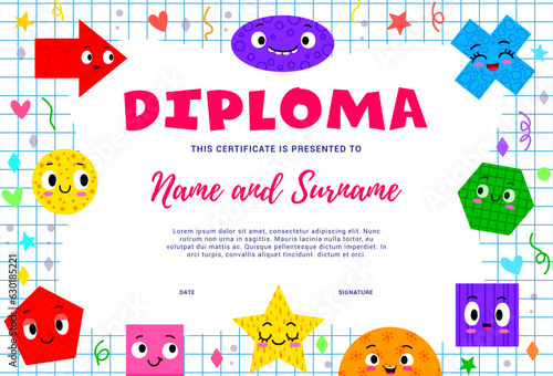 Kids diploma with math shape characters. School and kindergarten vector certificate of mathematics and geometry education. Math class achievement award with cute color square, circle, oval personages