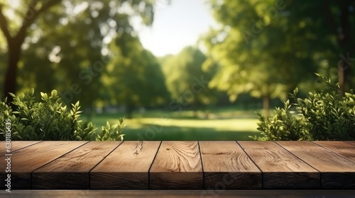 Empty wooden table over blurred green nature park background, product display, Empty wood table and defocused bokeh and blur background of garden trees with sunlight. product display template.