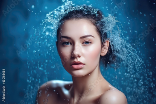 Beautiful model with water splashes on blue background, generative AI