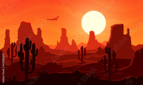 American or mexican desert landscape with mountains and cactus silhouettes. Desert sunset scene vector background of Wild West or Mexico nature themes with hot sand and rock canyon, cacti plants, bird