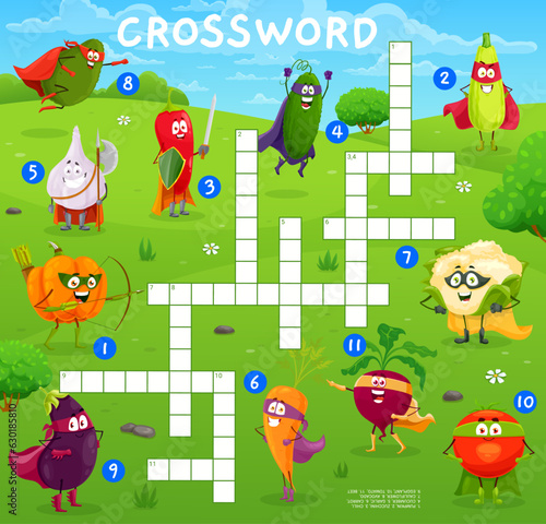 Crossword quiz game grid, cartoon vegetable superhero characters. Find a word game vector worksheet with pumpkin, zucchini, chili, cucumber and garlic. Carrot, avocado and eggplant, tomato or beet