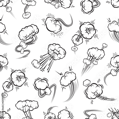 Comic speed motion bubbles. Speed trails seamless pattern. Wrapping paper, fabric or wallpaper seamless print, vector background or backdrop with puff, air or energy blast, explosion comical effects