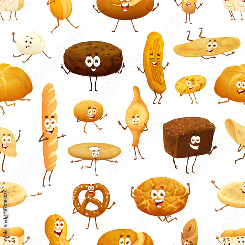 Cartoon bread and bakery characters seamless pattern background, vector funny buns and loafs. Cute bakery bread pattern of wheat bagel, rye loaf and baguette or ciabatta with pretzel and flatbread
