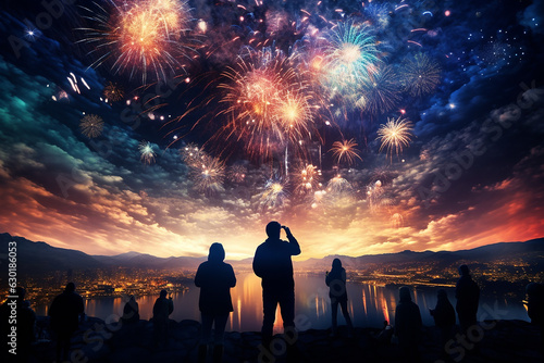 Happy people celebrate new year and watch fireworks in sky. Generative AI