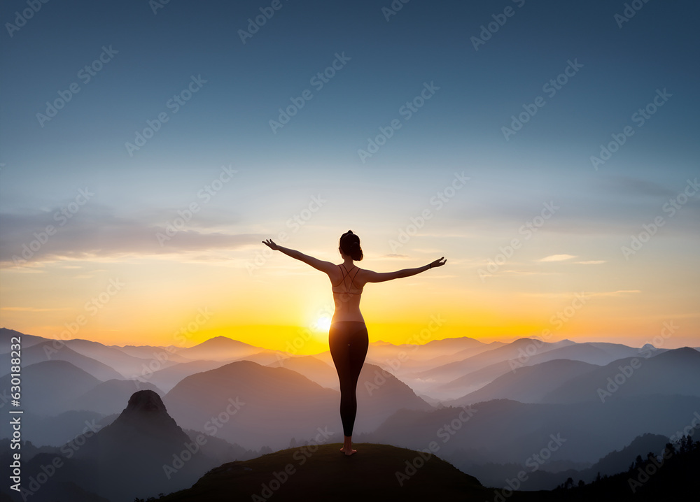 The Yoga Woman Silhouette on the Hill. Generative Ai