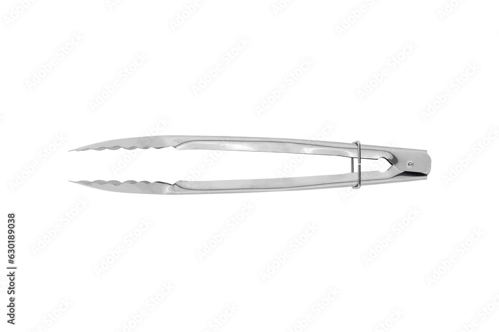 Kitchen tongs on a white background. Close-up metal kitchen tongs isolated on white background. Kitchen tongs on a white background. Close-up metal kitchen tongs isolated on white background.