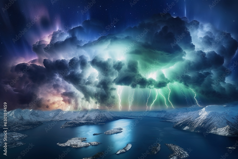 An image of severe storm clouds, lightning, thunderstorms, Northern Lights  in the atmospheres - Generative AI