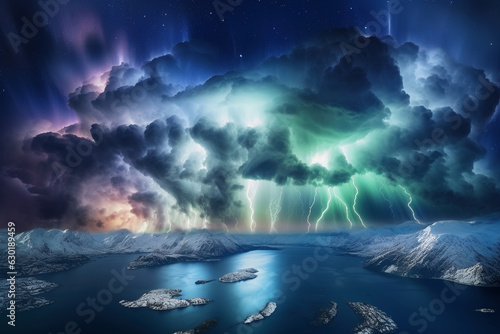 An image of severe storm clouds, lightning, thunderstorms, Northern Lights  in the atmospheres - Generative AI © lilyl