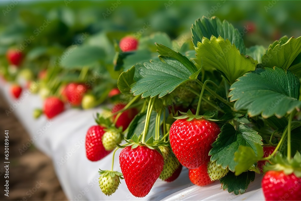 Bush of ripe organic strawberries in the garden. Berry closeup. Bush of ripe organic strawberries in the garden. Berry closeup.