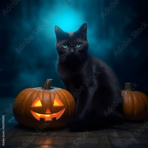 Halloween background , halloween pumpkins, black cat, pumpkins, Scary, horror © TF