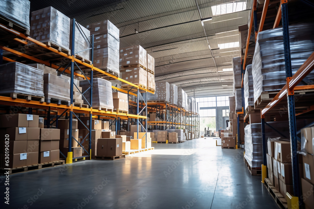 Interior of a modern warehouse. Large space for storing and moving goods. Logistics. Trade in the modern world. Interior of a modern warehouse. Large space for storing and moving goods. Logistics. Trade in the modern world.