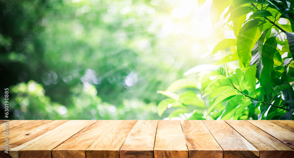 selective focus.real wood table top texture on blur leaf tree garden background.For create product display or design key visual layout selective focus.real wood table top texture on blur leaf tree garden background.For create product display or design key visual layout
