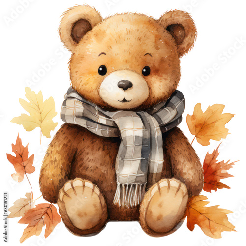 Watercolor Cute Sitting Teddy Bear Wearing a Scarf with Maple Leaves. Autumn Season Theme Illustration. 