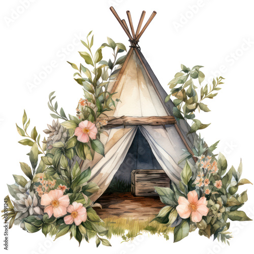 Watercolor Boho Spring Tribal Tent. Bohemian style Illustration. Flowers Theme. Boho American classic native decoration wigwam motifs. photo