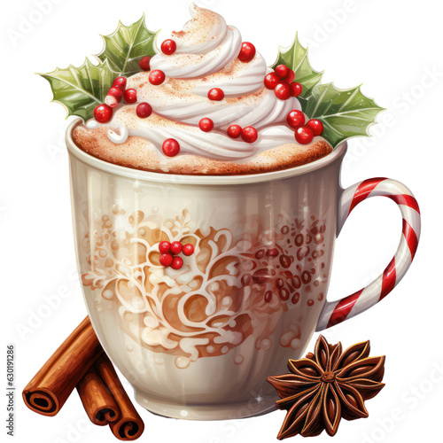 Watercolor Pastel Hot Chocolate. Pink Christmas Theme Illustration. Holiday season food artwork. Handmade ornament with a cocoa drink.