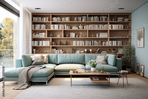 Modern living room interior with aqua sofa and bookshelf .Generative AI