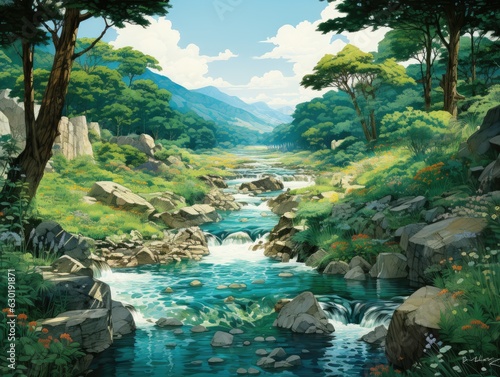 Densely Forested Landscape with Transparent River © dasom