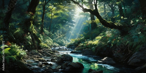 Densely Forested Landscape with Transparent River