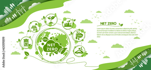 Net zero and carbon neutral concept. Net zero greenhouse gas emissions target. Climate neutral long term strategy with green net zero icon and on the world and green city with circles doodle backgroun