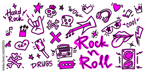 Rock n roll, punk music doodle set. Graffiti, tattoo hand drawn sticker, text, skull, heart, skate, gesture hand. Grunge rock vector illustration.