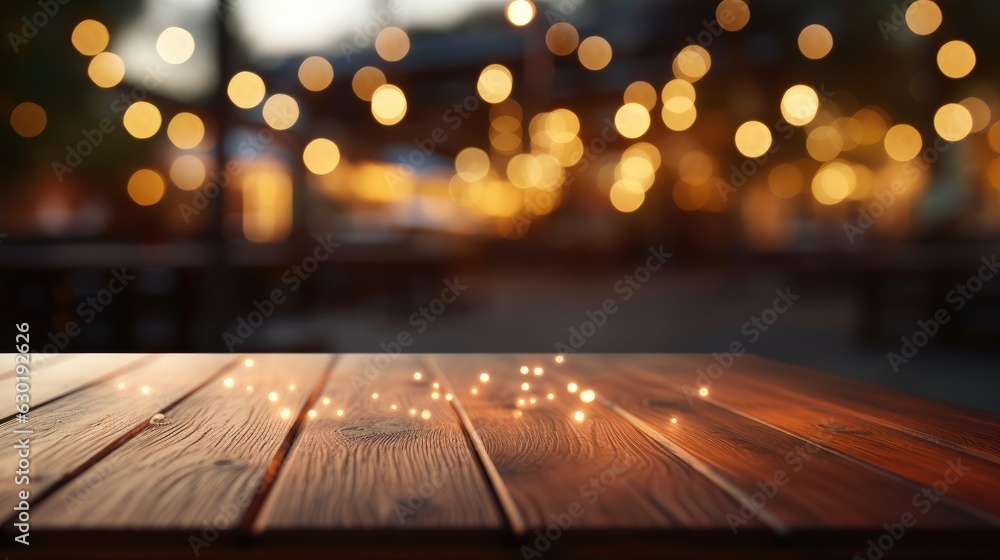 Empty brown wooden tables and bokeh lights blurred outdoor cafe abstract background of restaurant lighting where people enjoy eating can be used for montages or to display your products. Empty brown wooden tables and bokeh lights blurred outdoor cafe abstract background of restaurant lighting where people enjoy eating can be used for montages or to display your products.