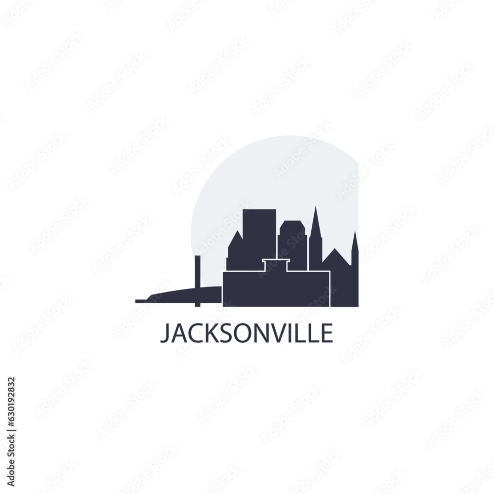 Naklejka premium USA Jacksonville cityscape, skyline, city panorama vector flat logo, icon. United States of America, Florida state emblem with landmarks and building silhouette at sunset sunrise